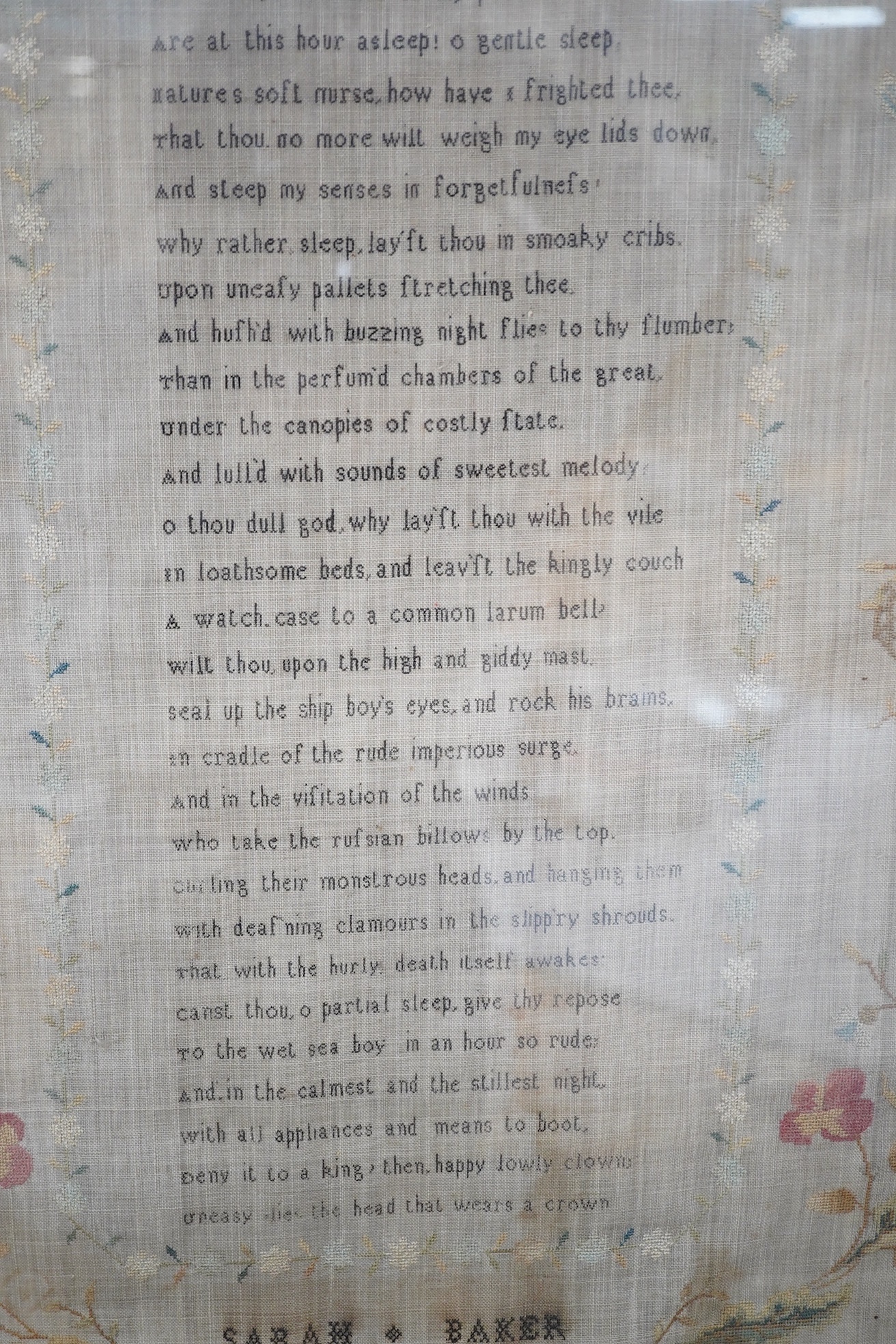 An early 19th century sampler dated 07, by Sarah Baker, ‘Henry IV’s Soliloquy of Sleep’, together with a later smaller alphabet and spot motif sampler by Elizabeth Fleet aged 8, dated 1838, both framed